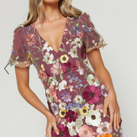 Showpo Wren Mini Dress - Puff Sleeve Bodycon 3d Garden Flowers Dress in Burgundy