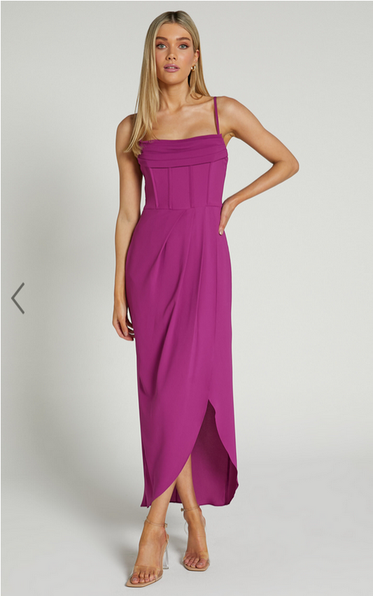 Showpo Andrina Midi Dress - High Low Wrap Corset Dress in GRAPE