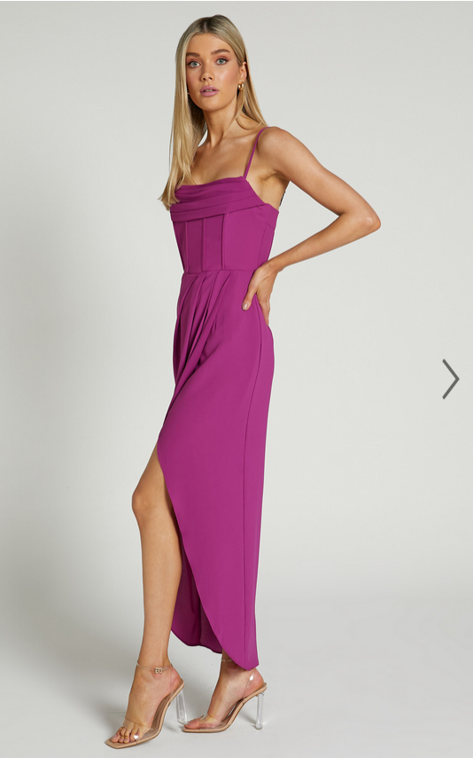 Showpo Andrina Midi Dress - High Low Wrap Corset Dress in GRAPE