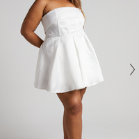 Showpo Valora Mini Dress - Strapless Fit and Flare Satin Dress in Ivory