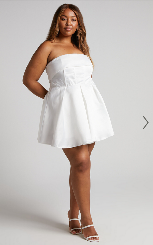 Showpo Valora Mini Dress - Strapless Fit and Flare Satin Dress in Ivory