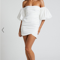 Showpo Betty Mini Dress - Off Shoulder Puff Sleeve Gathered Dress in White