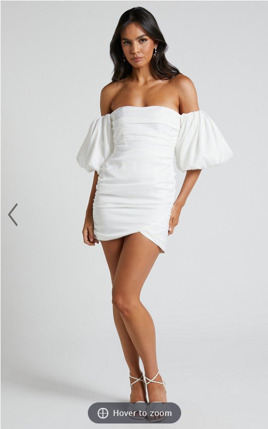 Showpo Betty Mini Dress - Off Shoulder Puff Sleeve Gathered Dress in White