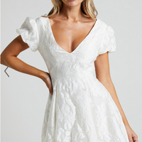 Showpo Brailey Jacquard Mini Dress - Puff Sleeve Dress