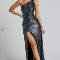 Showpo Rehyn Midi Dress - One Shoulder Asymmetric Cut Out Sequin Dress in Black