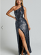 Showpo Rehyn Midi Dress - One Shoulder Asymmetric Cut Out Sequin Dress in Black