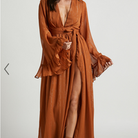 Showpo Dangerous Woman Maxi Dress - Plunge Thigh Split Dress in Rust