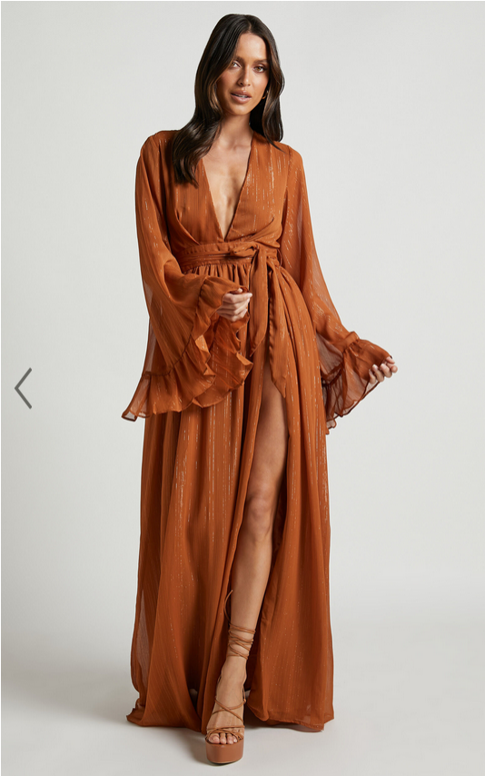 Showpo Dangerous Woman Maxi Dress - Plunge Thigh Split Dress in Rust