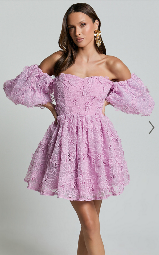 Showpo Amalie The Label - Lorena Sweetheart Off Shoulder Puff Sleeve Mini Dress in Purple