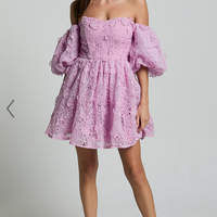 Showpo Amalie The Label - Lorena Sweetheart Off Shoulder Puff Sleeve Mini Dress in Purple