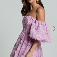 Showpo Amalie The Label - Lorena Sweetheart Off Shoulder Puff Sleeve Mini Dress in Purple