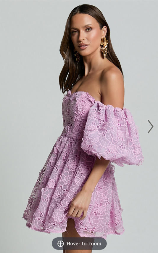 Showpo Amalie The Label - Lorena Sweetheart Off Shoulder Puff Sleeve Mini Dress in Purple