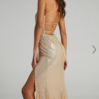 Showpo Magic Hour Maxi Dress - Thigh Split Tie Back Dress in Gold Sequin