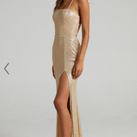 Showpo Magic Hour Maxi Dress - Thigh Split Tie Back Dress in Gold Sequin