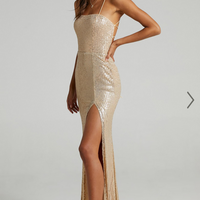 Showpo Magic Hour Maxi Dress - Thigh Split Tie Back Dress in Gold Sequin