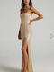 Showpo Magic Hour Maxi Dress - Thigh Split Tie Back Dress in Gold Sequin