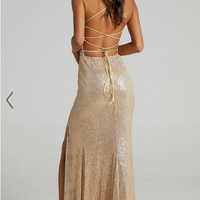 Showpo Magic Hour Maxi Dress - Thigh Split Tie Back Dress in Gold Sequin