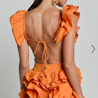 Showpo Amalie The Label - Lilou Ruffle Detail Cut Out Mini Dress in Orange