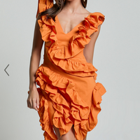 Showpo Amalie The Label - Lilou Ruffle Detail Cut Out Mini Dress in Orange