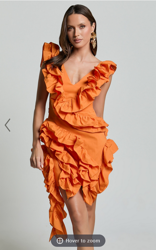 Showpo Amalie The Label - Lilou Ruffle Detail Cut Out Mini Dress in Orange