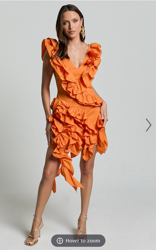 Showpo Amalie The Label - Lilou Ruffle Detail Cut Out Mini Dress in Orange