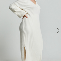 Showpo Kartia Midi Dress - V Neck Knit Dress in Off White