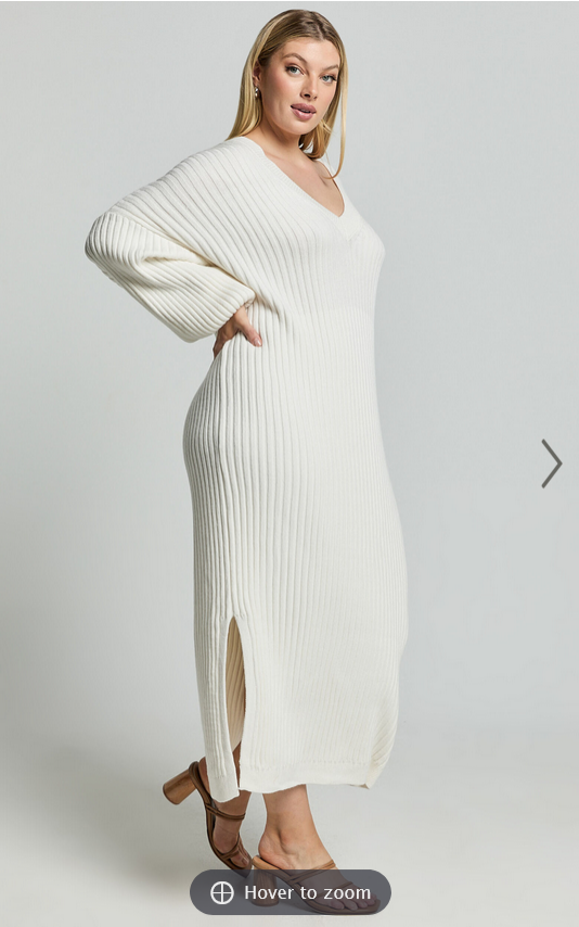 Showpo Kartia Midi Dress - V Neck Knit Dress in Off White