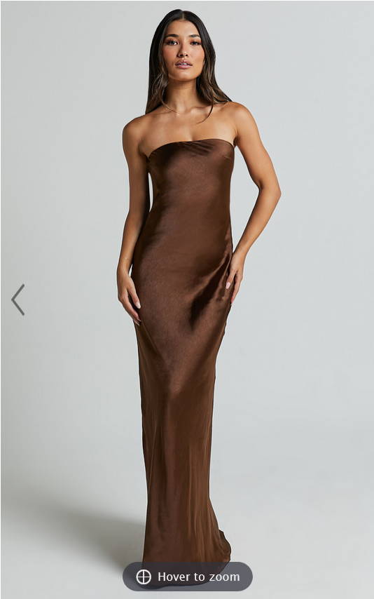 Showpo Charlita Maxi Dress - Strapless Cowl Back Satin Dress in Chocolate