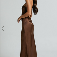 Showpo Charlita Maxi Dress - Strapless Cowl Back Satin Dress in Chocolate