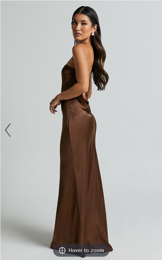 Showpo Charlita Maxi Dress - Strapless Cowl Back Satin Dress in Chocolate