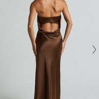 Showpo Charlita Maxi Dress - Strapless Cowl Back Satin Dress in Chocolate