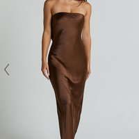 Showpo Charlita Maxi Dress - Strapless Cowl Back Satin Dress in Chocolate