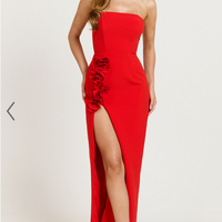 Showpo Ebby Maxi Dress - Strapless Rosette Thigh Split Dress in Red