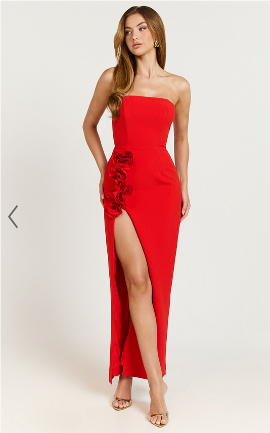 Showpo Ebby Maxi Dress - Strapless Rosette Thigh Split Dress in Red