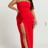 Showpo Ebby Maxi Dress - Strapless Rosette Thigh Split Dress in Red