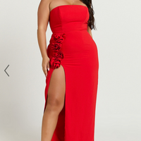 Showpo Ebby Maxi Dress - Strapless Rosette Thigh Split Dress in Red