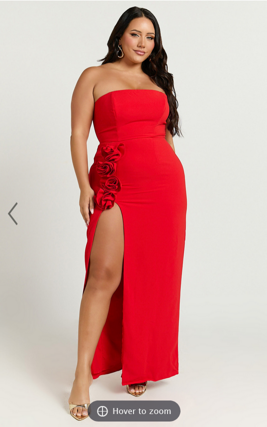 Showpo Ebby Maxi Dress - Strapless Rosette Thigh Split Dress in Red