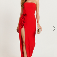 Showpo Ebby Maxi Dress - Strapless Rosette Thigh Split Dress in Red