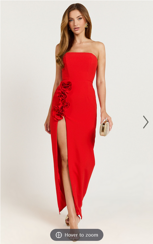 Showpo Ebby Maxi Dress - Strapless Rosette Thigh Split Dress in Red