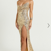 Showpo Nala Maxi Dress - Sequin Cowl Neck High Split Dress in Gold