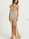 Showpo Nala Maxi Dress - Sequin Cowl Neck High Split Dress in Gold