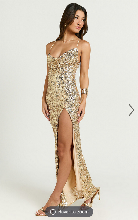 Showpo Nala Maxi Dress - Sequin Cowl Neck High Split Dress in Gold