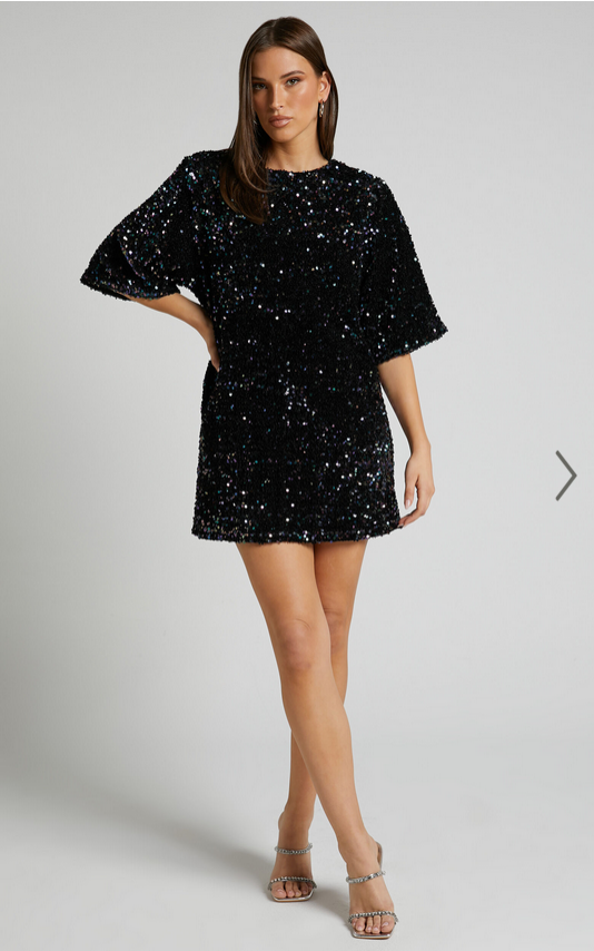 Showpo Valetta Mini Dress - Sequin low back shift dress in Midnight Blue Sequin