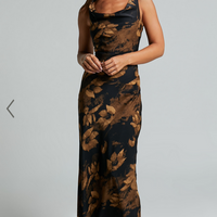 Showpo Dara Midi Dress - Low Neck Sleeveless Slip Dress in Amber Floral Print