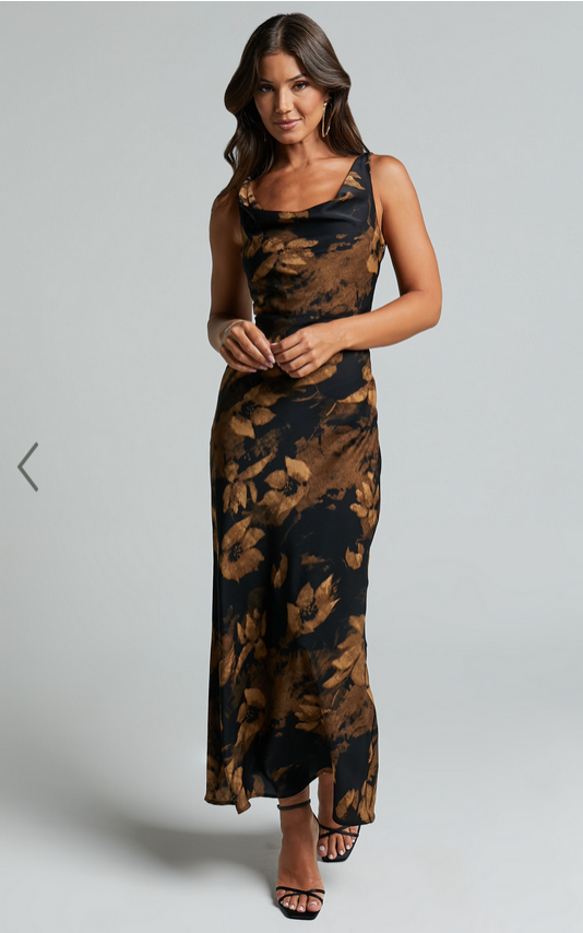 Showpo Dara Midi Dress - Low Neck Sleeveless Slip Dress in Amber Floral Print