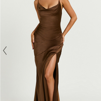 Showpo Emma Maxi Dress - Cowl Neck Front Split Dress in Chocolate