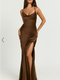 Showpo Emma Maxi Dress - Cowl Neck Front Split Dress in Chocolate