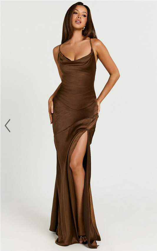 Showpo Emma Maxi Dress - Cowl Neck Front Split Dress in Chocolate