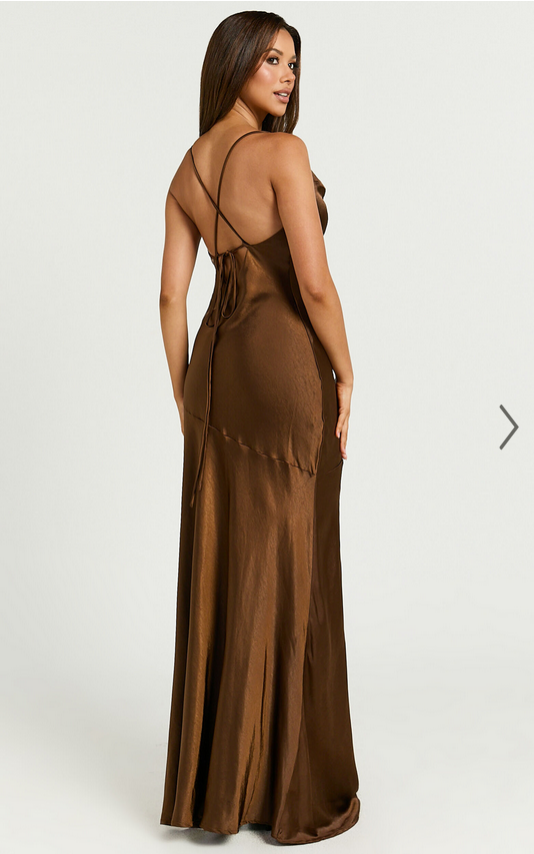 Showpo Emma Maxi Dress - Cowl Neck Front Split Dress in Chocolate