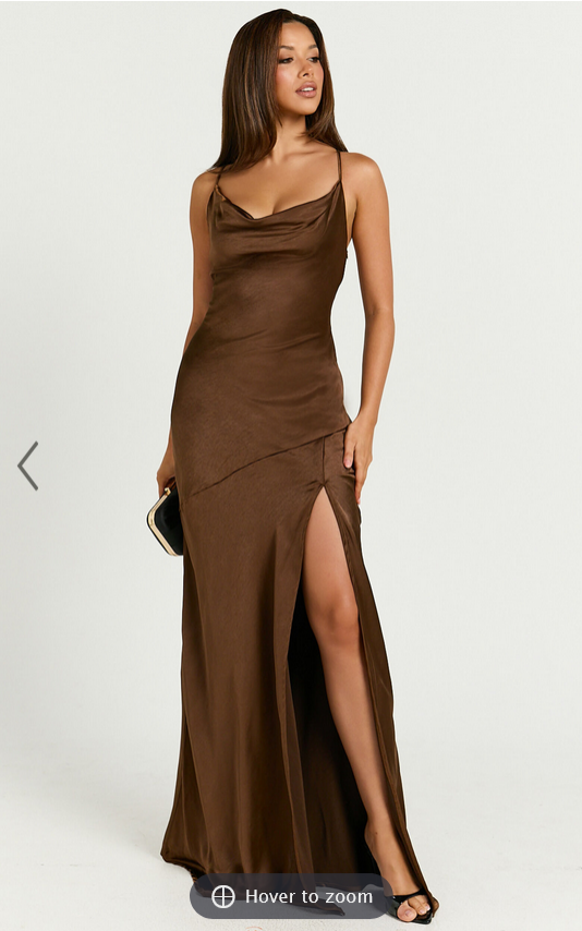 Showpo Emma Maxi Dress - Cowl Neck Front Split Dress in Chocolate